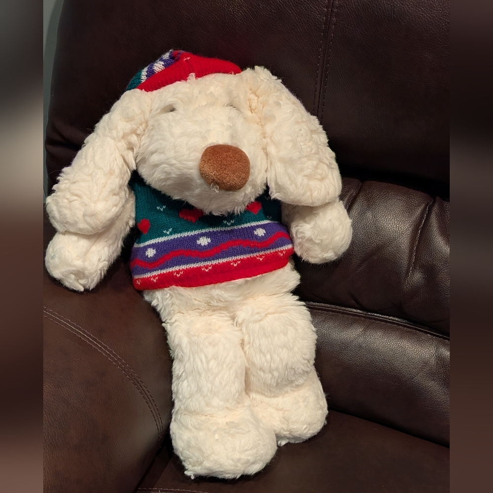 Cozy Cream Dog Plush Toy with Festive Sweater
